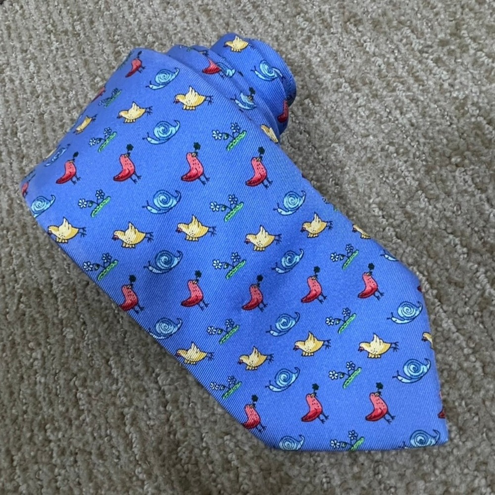 J. McLaughlin Silk Necktie Blue Novelty Snail Chick Chili Pepper Floral Preppy